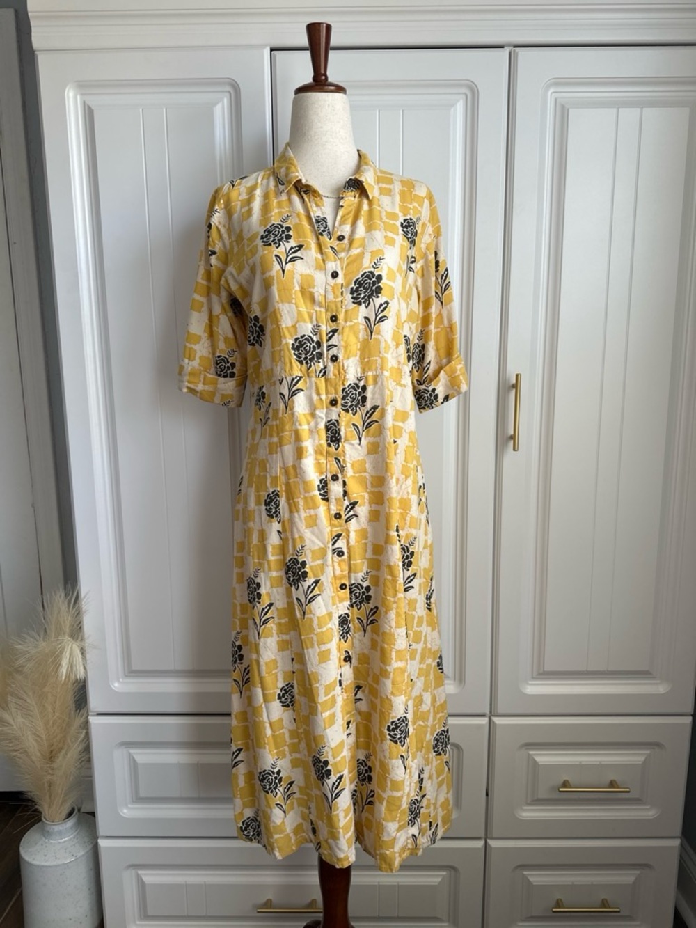 💛Bombay Paisley Yellow Gingham Floral Shirtdress 💛